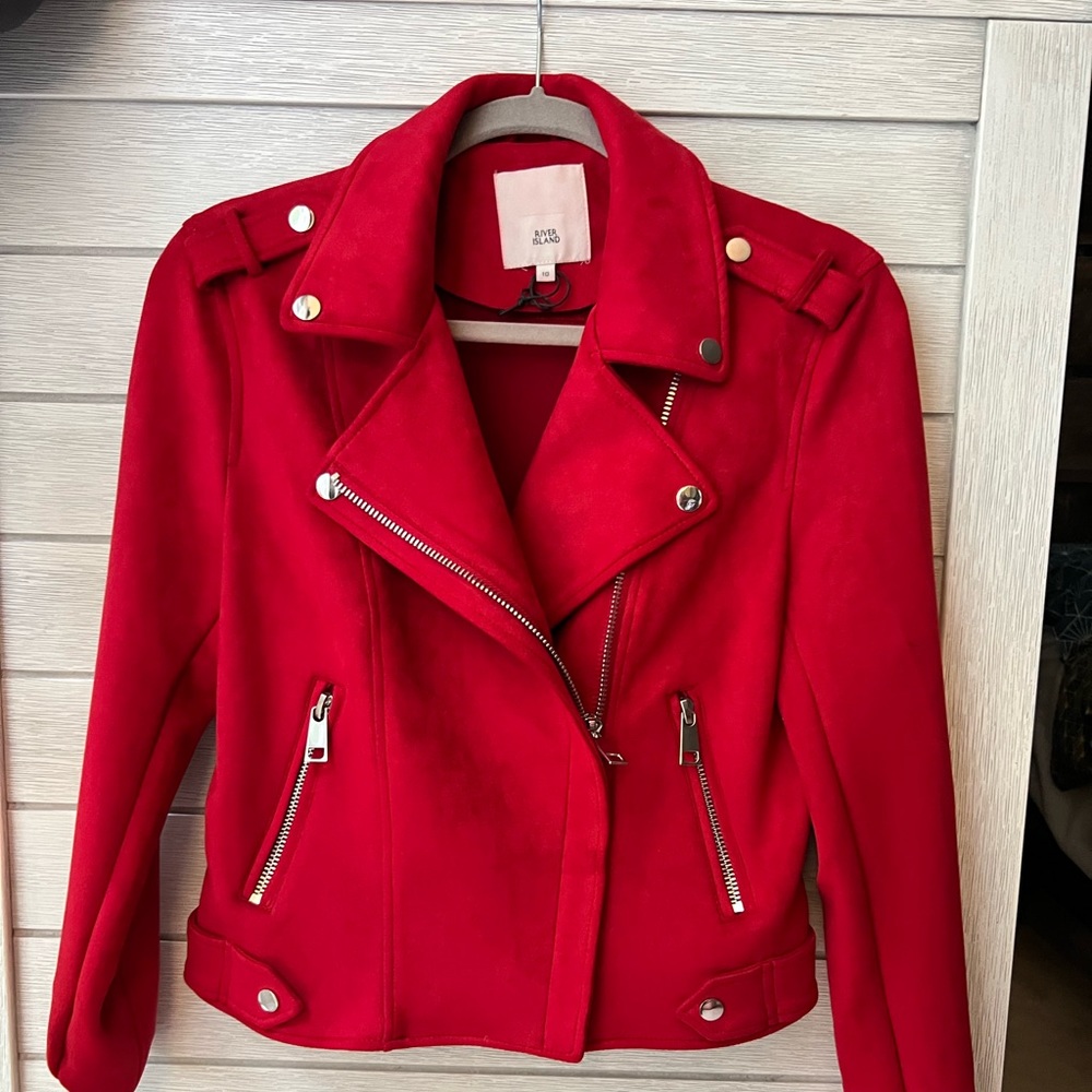 Red suade River Island Jacket. Size M, never worn. Can be worn multiple ways.